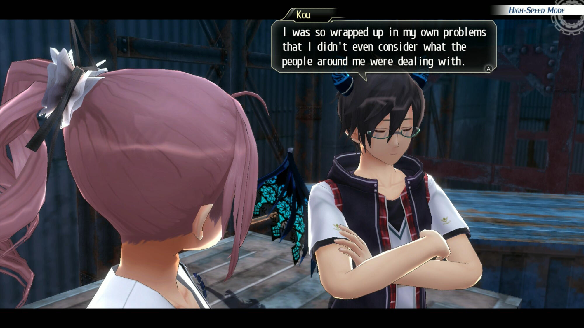 Tokyo Xanadu eX+ Screenshot 2 Text from Tokyo Xanadu eX+. Character Kou's dialogue reads: "I was so wrapped up in my own problems that I didn't even consider what the people around me were dealing with."
