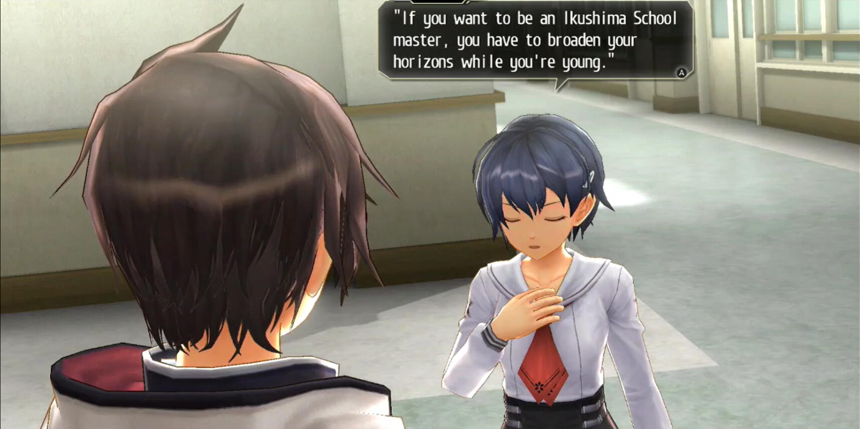 Tokyo Xanadu eX+ Screenshot 1 Text from Tokyo Xanadu eX+. Character Sora's dialogue reads: "If you want to be an Ikushima School master, you have to broaden your horizons while you're young."
