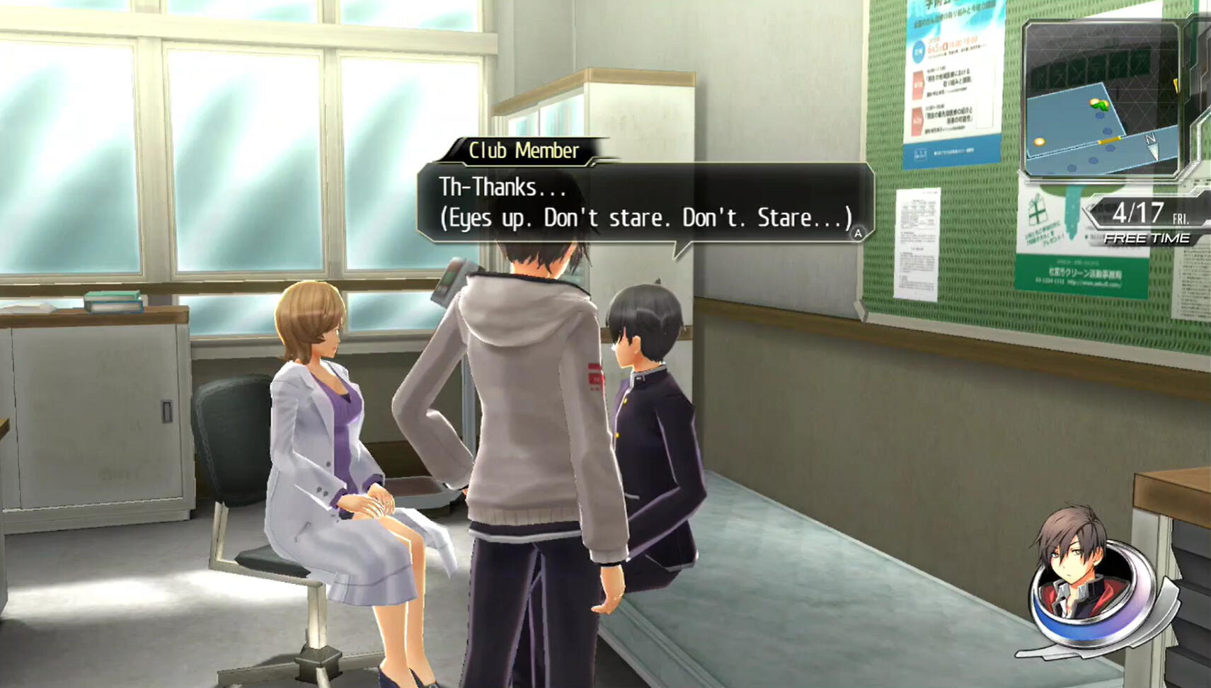 Tokyo Xanadu eX+ Screenshot 1 Text from Tokyo Xanadu eX+. NPC Club Member dialogue reads: "Th-Thanks... (Eyes up. Don't stare. Don't. Stare...)"